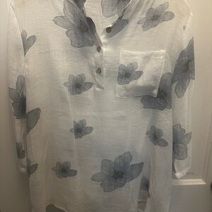 Beautiful Shear Floral Print Shirt - White with blue looks great